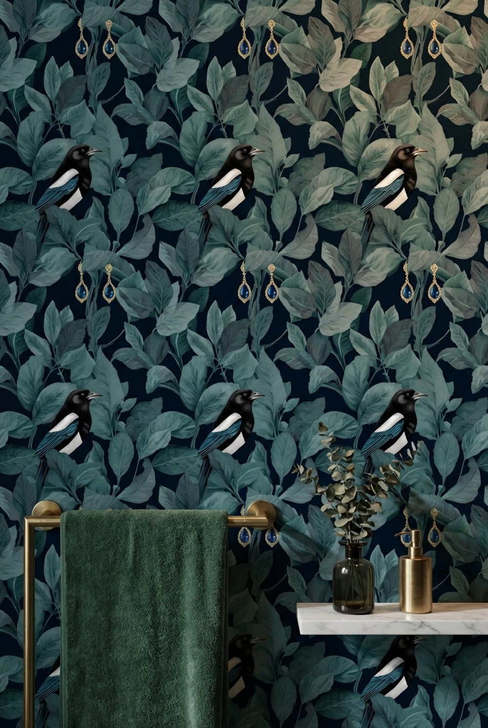 Magpie Wallpaper Teal Leaves Dark Background Mural