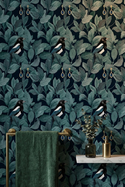 Magpie Wallpaper Teal Leaves Dark Background Mural