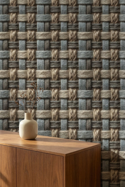Woven Texture Wallpaper Geometric Removable Beige Wall Double Roll