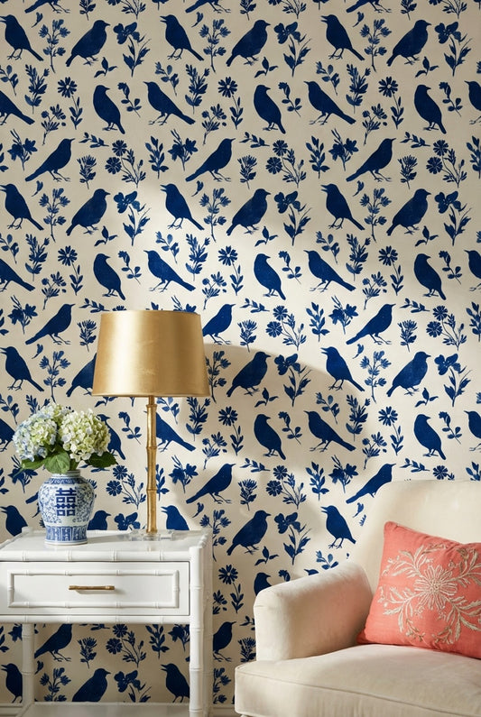 Vintage Floral Wallpaper Birds Blue Wall Decor