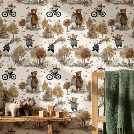 Whimsical Forest Wallpaper Bicycle Bear Decorative Mural