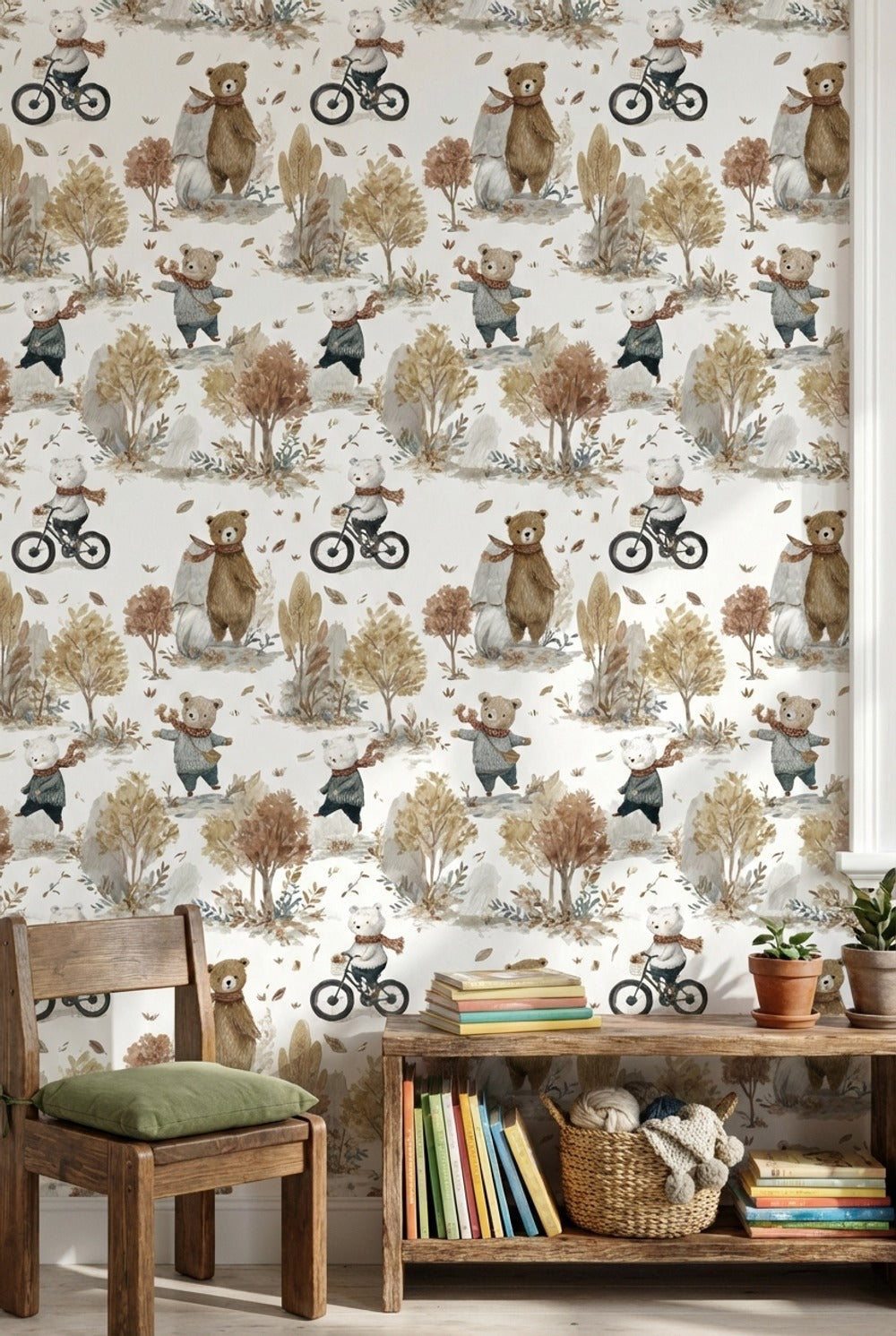 Whimsical Forest Wallpaper Bicycle Bear Decorative Mural