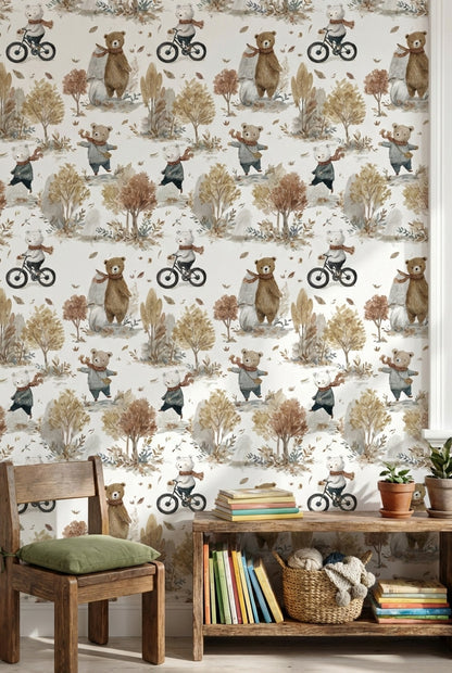 Whimsical Forest Wallpaper Bicycle Bear Decorative Mural