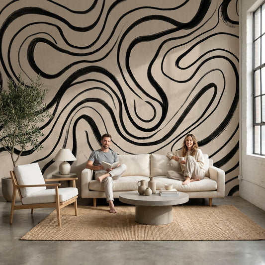 Abstract Wallpaper Wavy Black Lines Wall Mural
