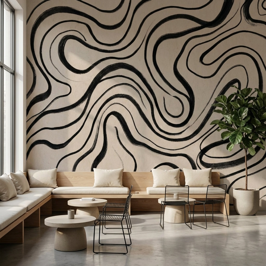 Abstract Wallpaper Wavy Black Lines Wall Mural