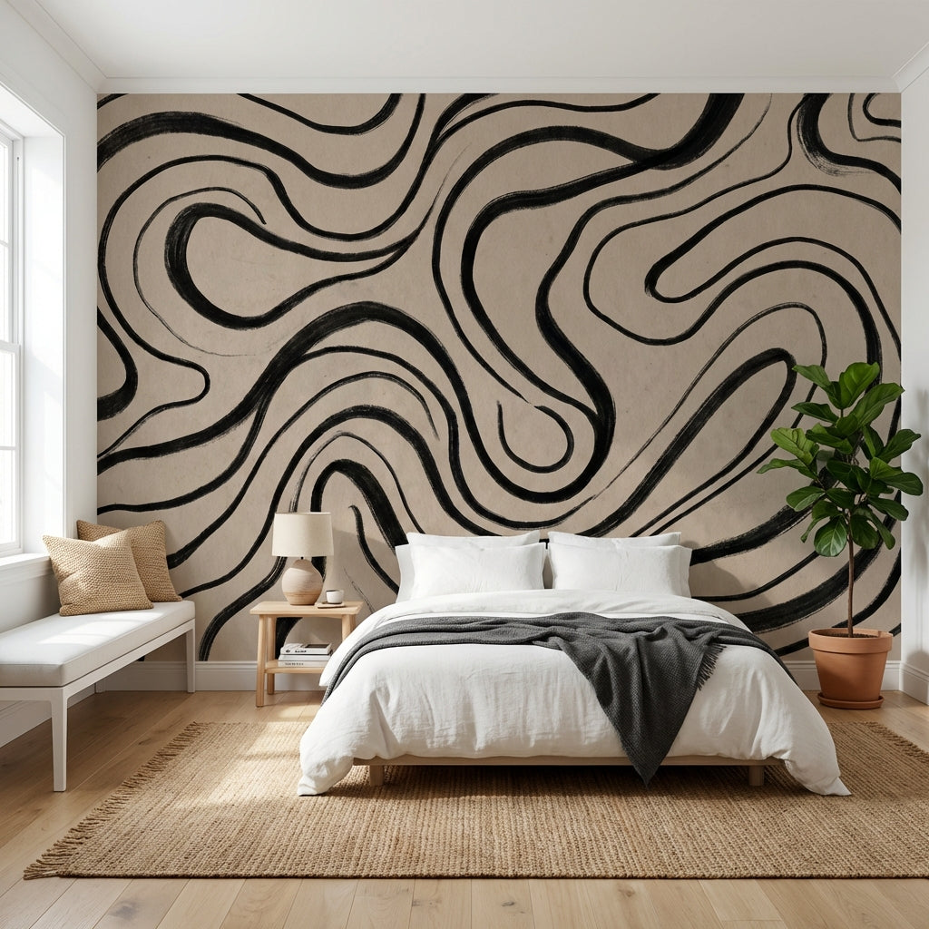 Abstract Wallpaper Wavy Black Lines Wall Mural