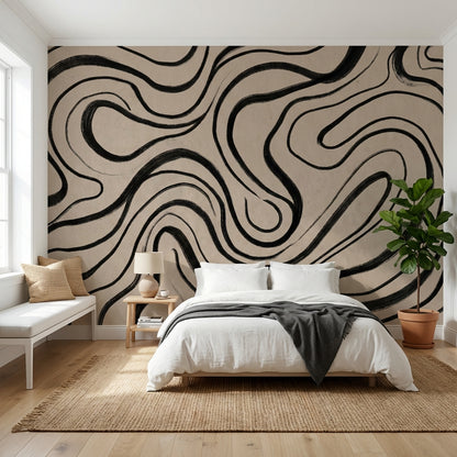 Abstract Wallpaper Wavy Black Lines Wall Mural
