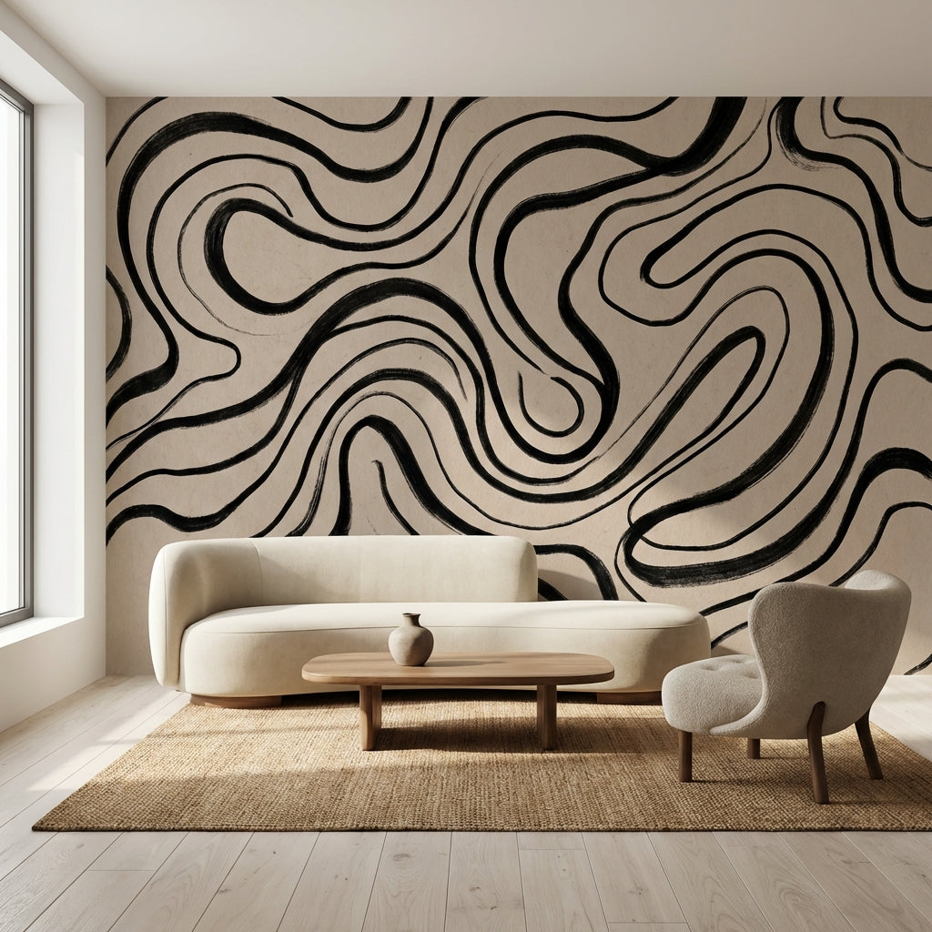 Abstract Wallpaper Wavy Black Lines Wall Mural