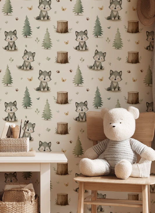Whimsical Woodland Wallpaper Cartoon Removable Wolves Wall Double Roll