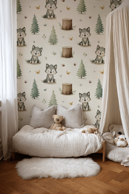 Whimsical Woodland Wallpaper Cartoon Removable Wolves Wall Decor