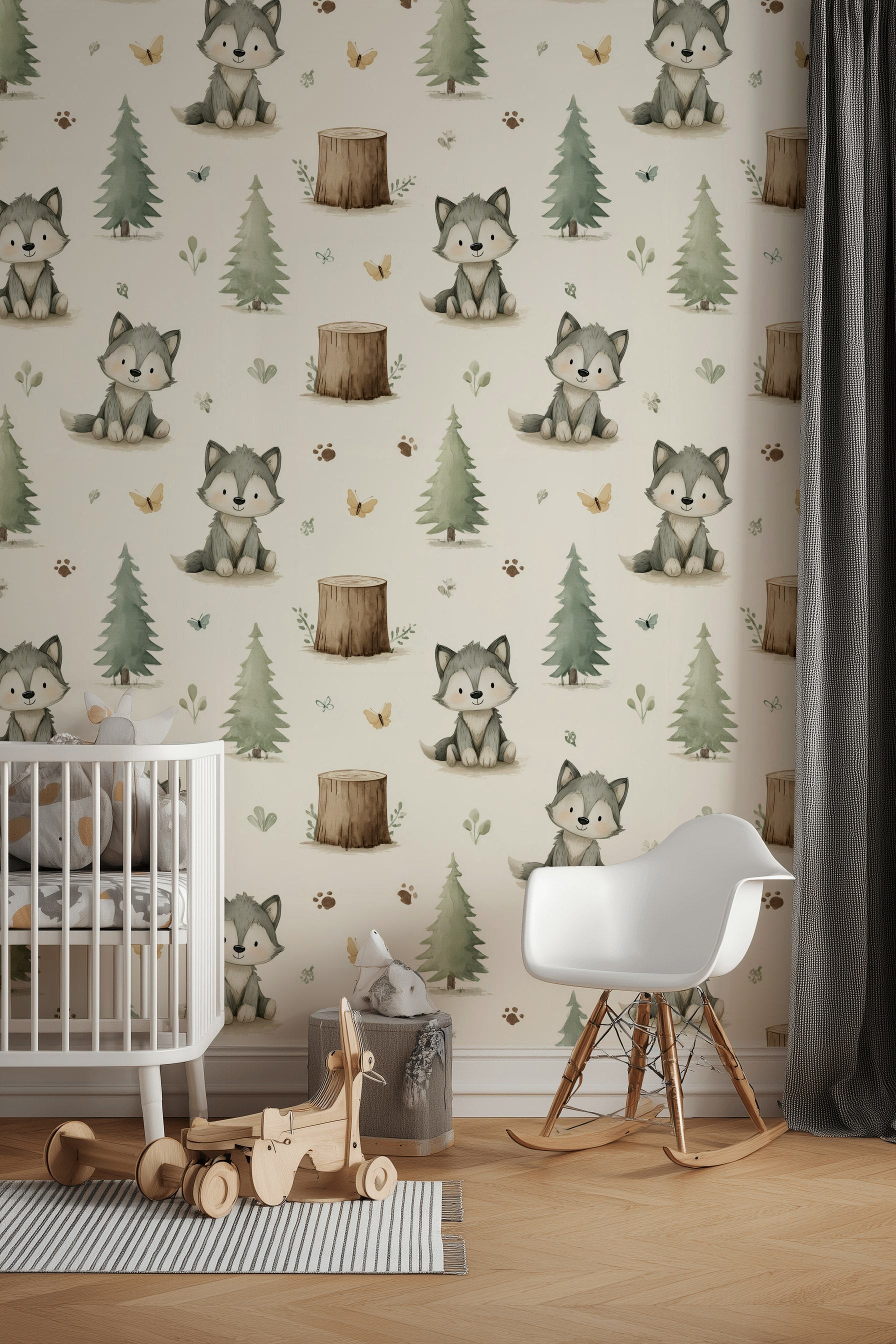 Whimsical Woodland Wallpaper Cartoon Removable Wolves Wall Decor