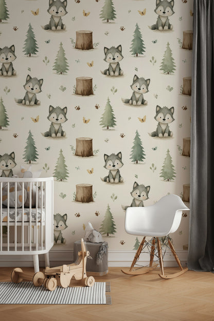 Whimsical Woodland Wallpaper Cartoon Removable Wolves Wall Decor