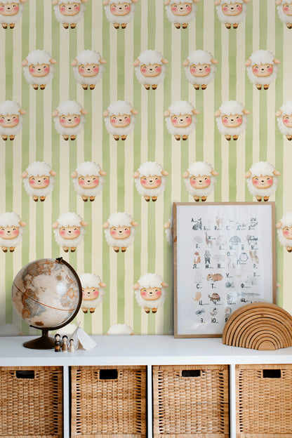Sheep Wallpaper Striped Whimsical Removable Wall Decor