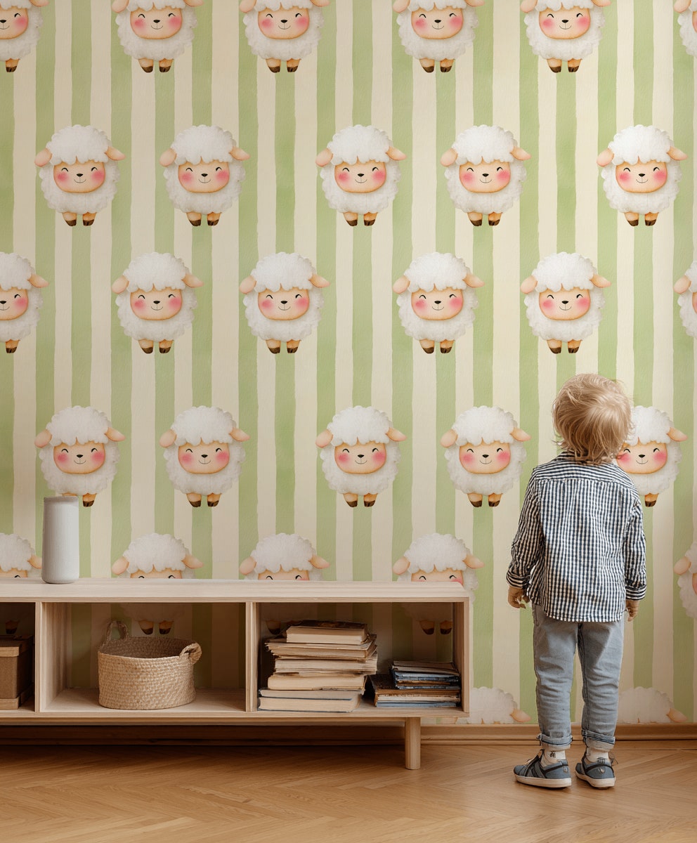 Sheep Wallpaper Striped Whimsical Removable Wall Decor