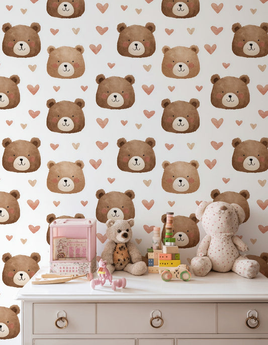 Cute Bears Wallpaper Hearts Watercolor Decorative Mural