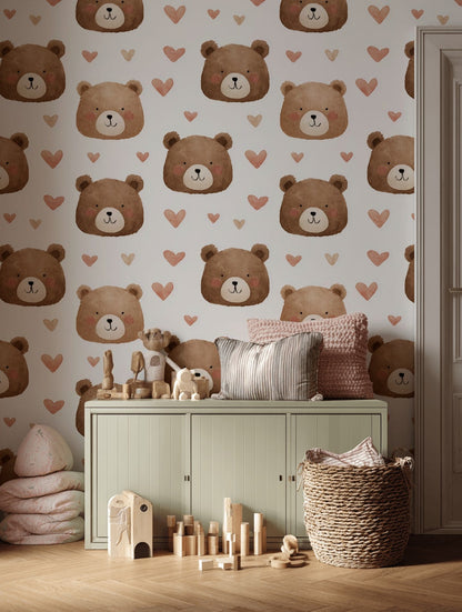 Cute Bears Wallpaper Hearts Watercolor Decorative Mural