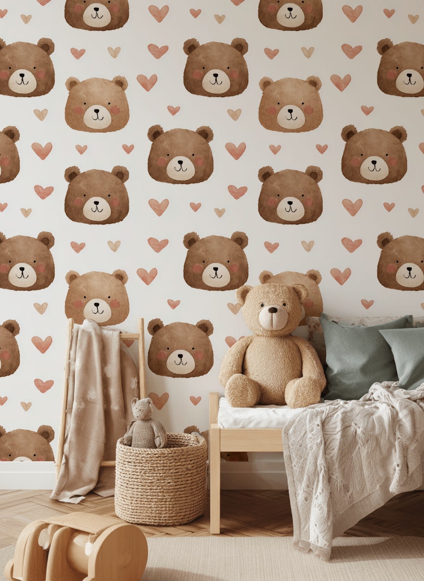 Cute Bears Wallpaper Hearts Watercolor Decorative Mural