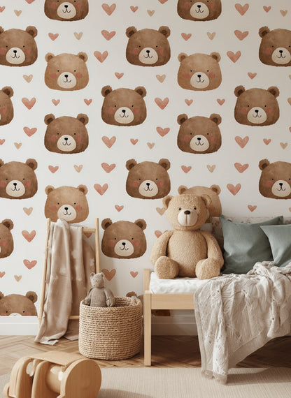 Cute Bears Wallpaper Hearts Watercolor Decorative Mural