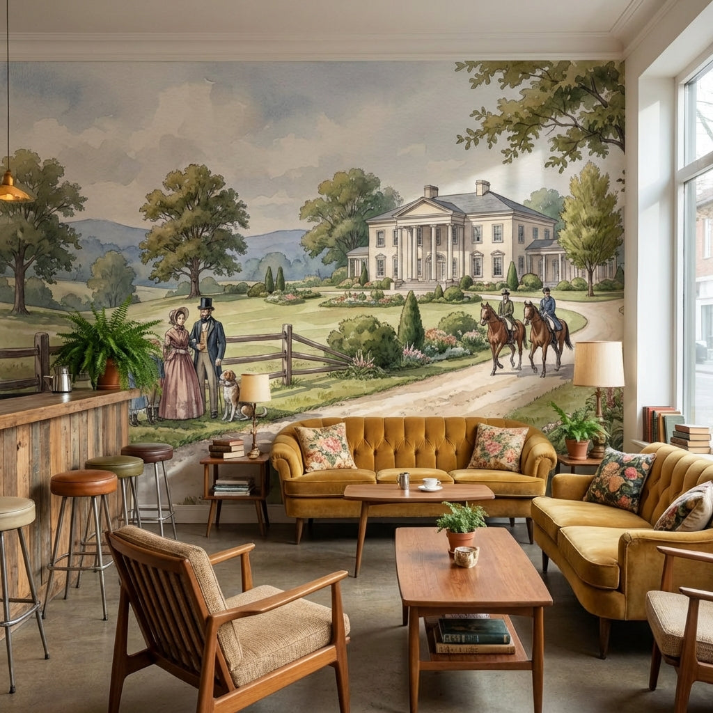 Pastoral Landscape Wallpaper Vintage Mansion Wall Mural