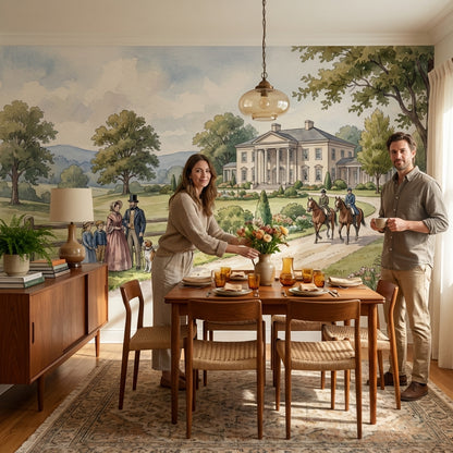 Pastoral Landscape Wallpaper Vintage Mansion Wall Mural