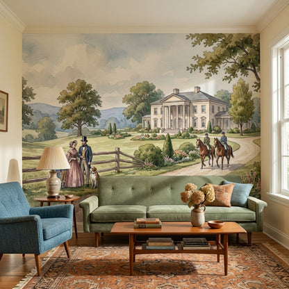 Pastoral Landscape Wallpaper Vintage Mansion Wall Mural