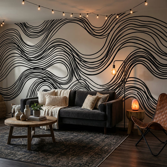 Wave Pattern Wallpaper Black Lines Minimalist Wall Mural