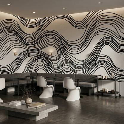 Wave Pattern Wallpaper Black Lines Minimalist Wall Mural