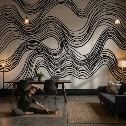 Wave Pattern Wallpaper Black Lines Minimalist Wall Mural