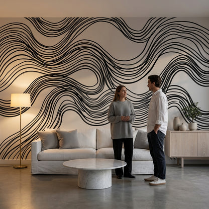 Wave Pattern Wallpaper Black Lines Minimalist Wall Mural