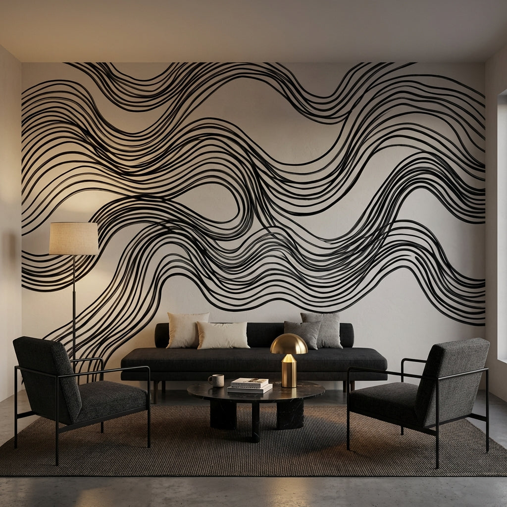Wave Pattern Wallpaper Black Lines Minimalist Wall Mural