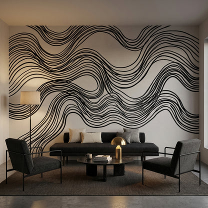 Wave Pattern Wallpaper Black Lines Minimalist Wall Mural