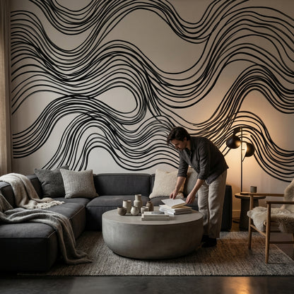 Wave Pattern Wallpaper Black Lines Minimalist Wall Mural