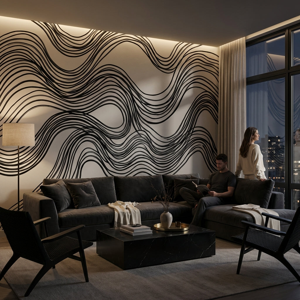 Wave Pattern Wallpaper Black Lines Minimalist Wall Mural
