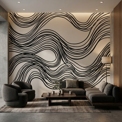 Wave Pattern Wallpaper Black Lines Minimalist Wall Mural