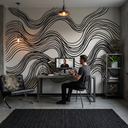 Wave Pattern Wallpaper Black Lines Minimalist Wall Mural