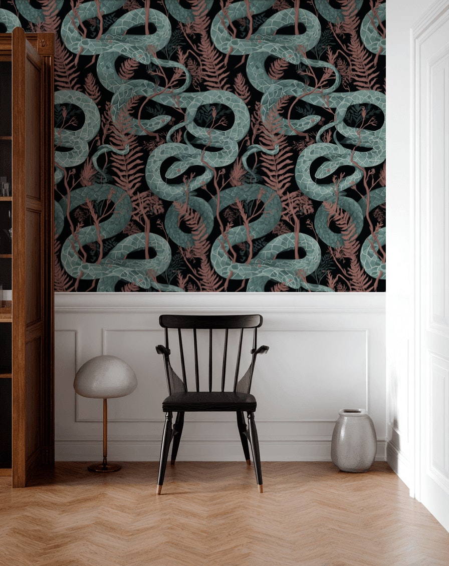 Snakes Wallpaper Ferns Dark Background Mural