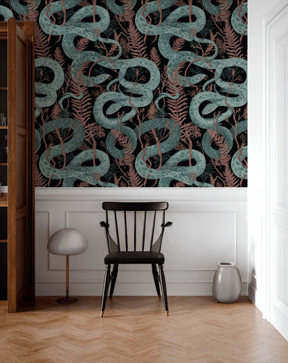 Snakes Wallpaper Ferns Dark Background Mural