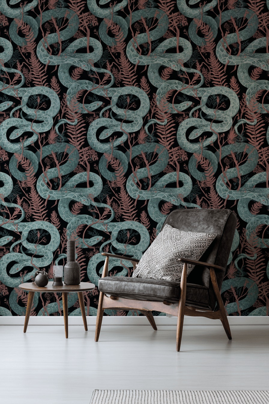 Snakes Wallpaper Ferns Dark Background Mural