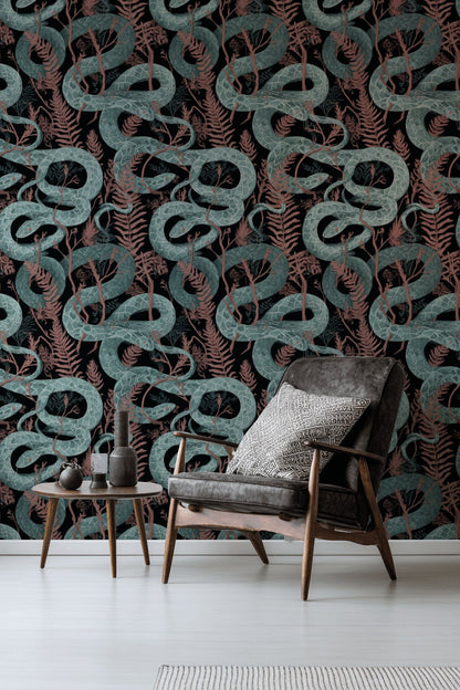 Snakes Wallpaper Ferns Dark Background Mural