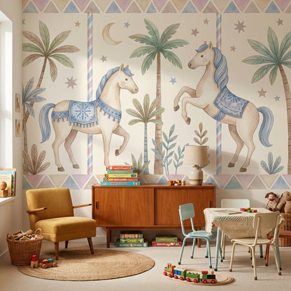 Whimsical Horses Wallpaper Geometric Pastel Wall Mural