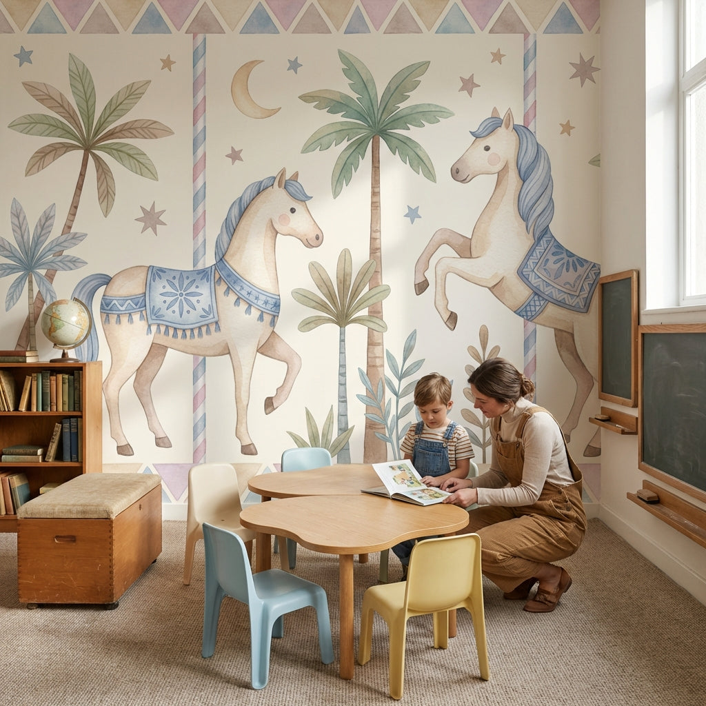 Whimsical Horses Wallpaper Geometric Pastel Wall Mural