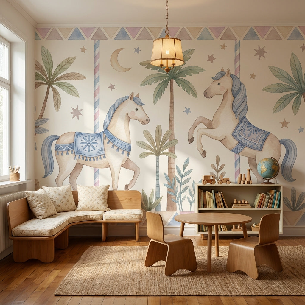 Whimsical Horses Wallpaper Geometric Pastel Wall Mural