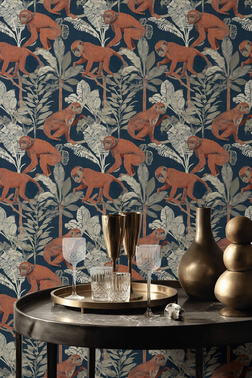 Monkeys Wallpaper Tropical Navy Decorative Mural