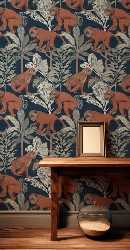 Monkeys Wallpaper Tropical Navy Decorative Mural