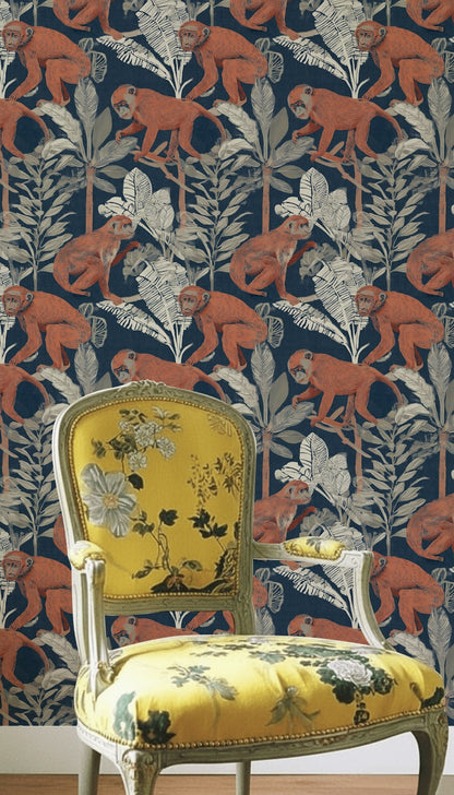 Monkeys Wallpaper Tropical Navy Decorative Mural