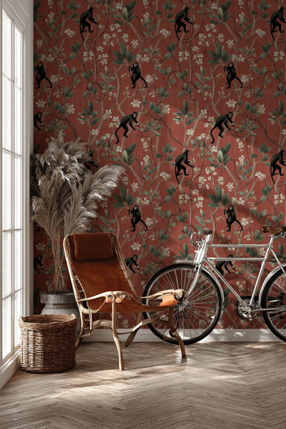 Exotic Monkeys Wallpaper Detailed Floral Decorative Mural