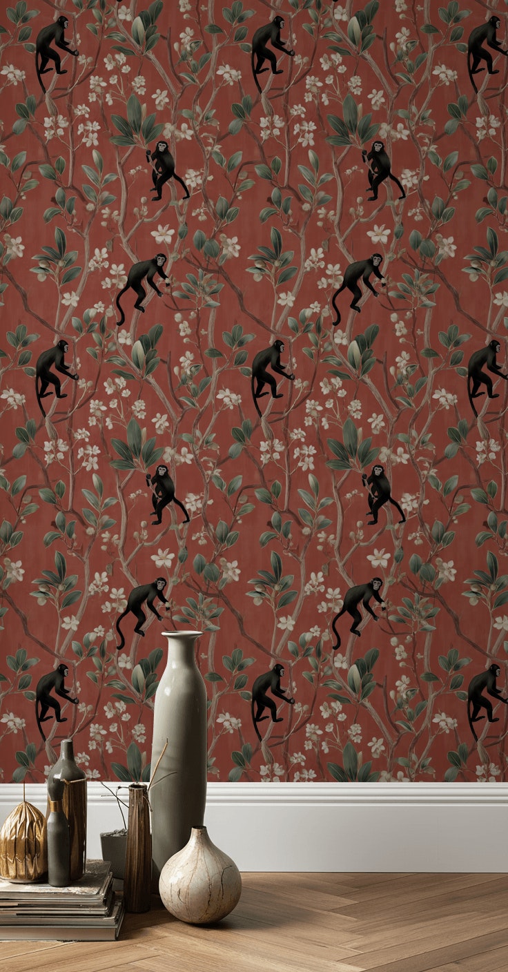 Exotic Monkeys Wallpaper Detailed Floral Decorative Mural