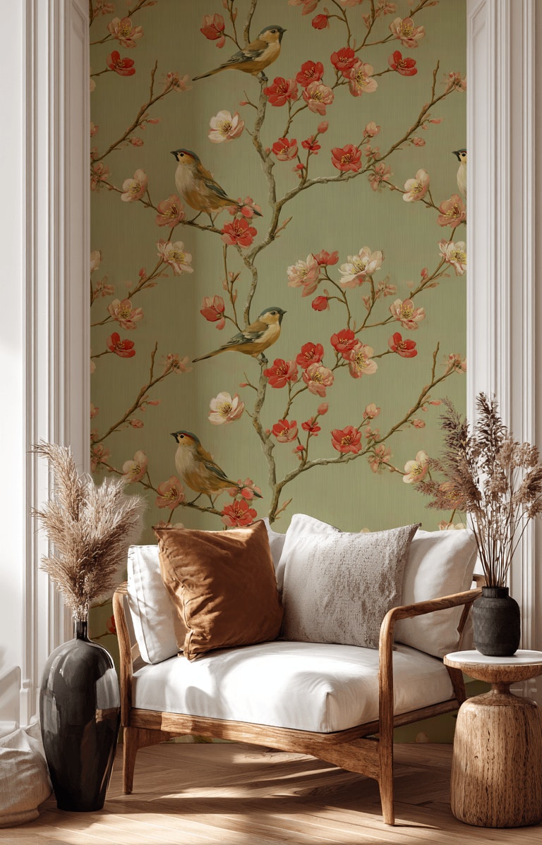 Muted Green Wallpaper Vintage Floral Wall Mural