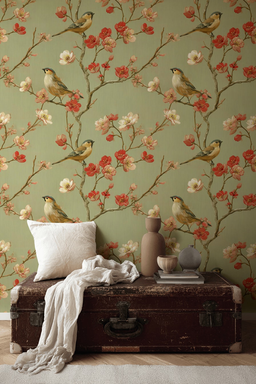 Muted Green Wallpaper Vintage Floral Wall Mural