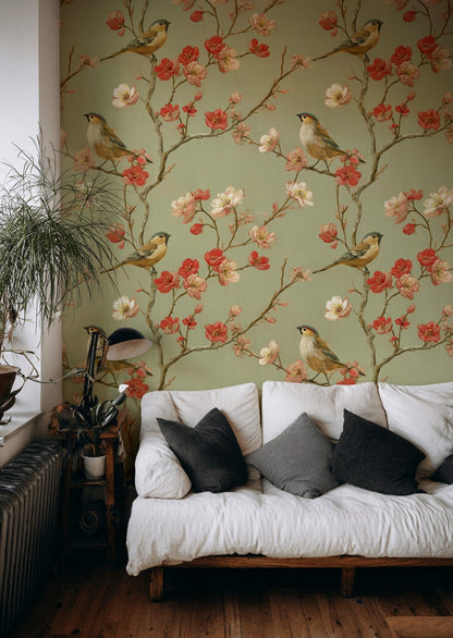 Muted Green Wallpaper Vintage Floral Wall Mural